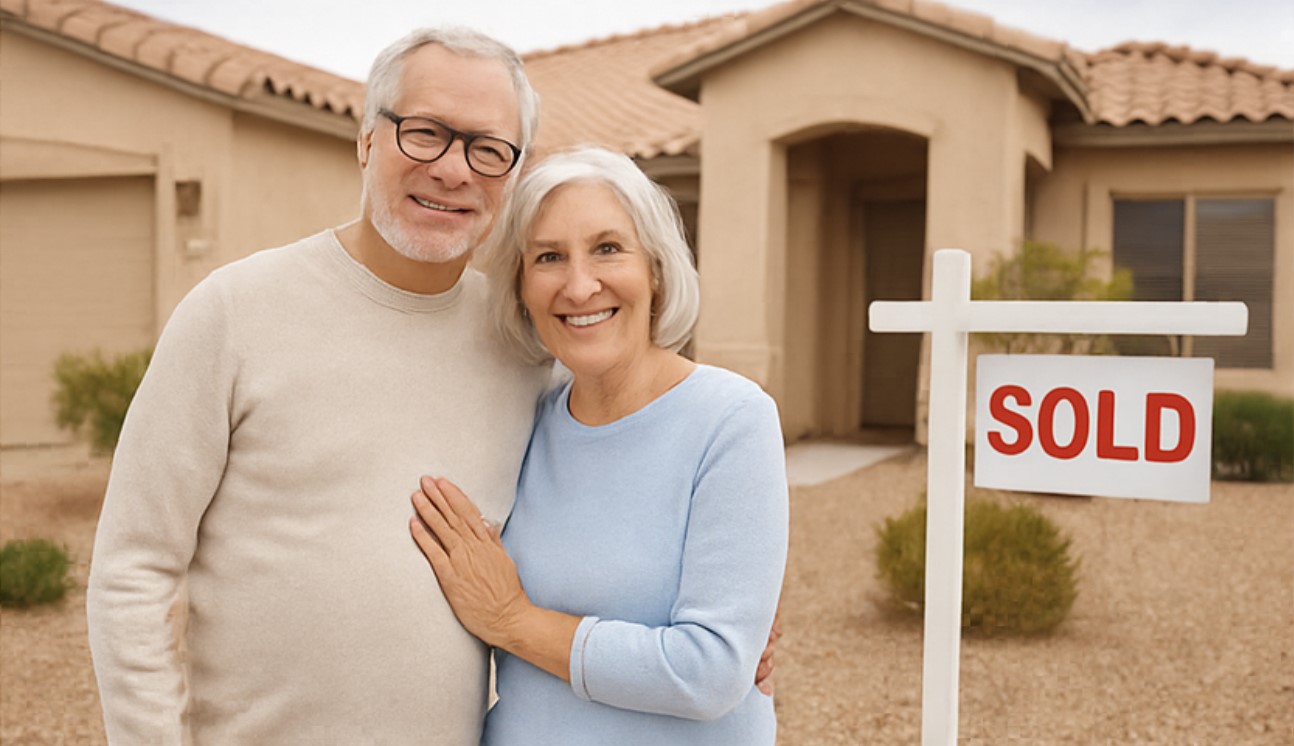 Senior couple standing proudly in front of their Green Valley, Arizona home with a SOLD sign and desert landscaping of rocks and cactus under a clear blue sky.